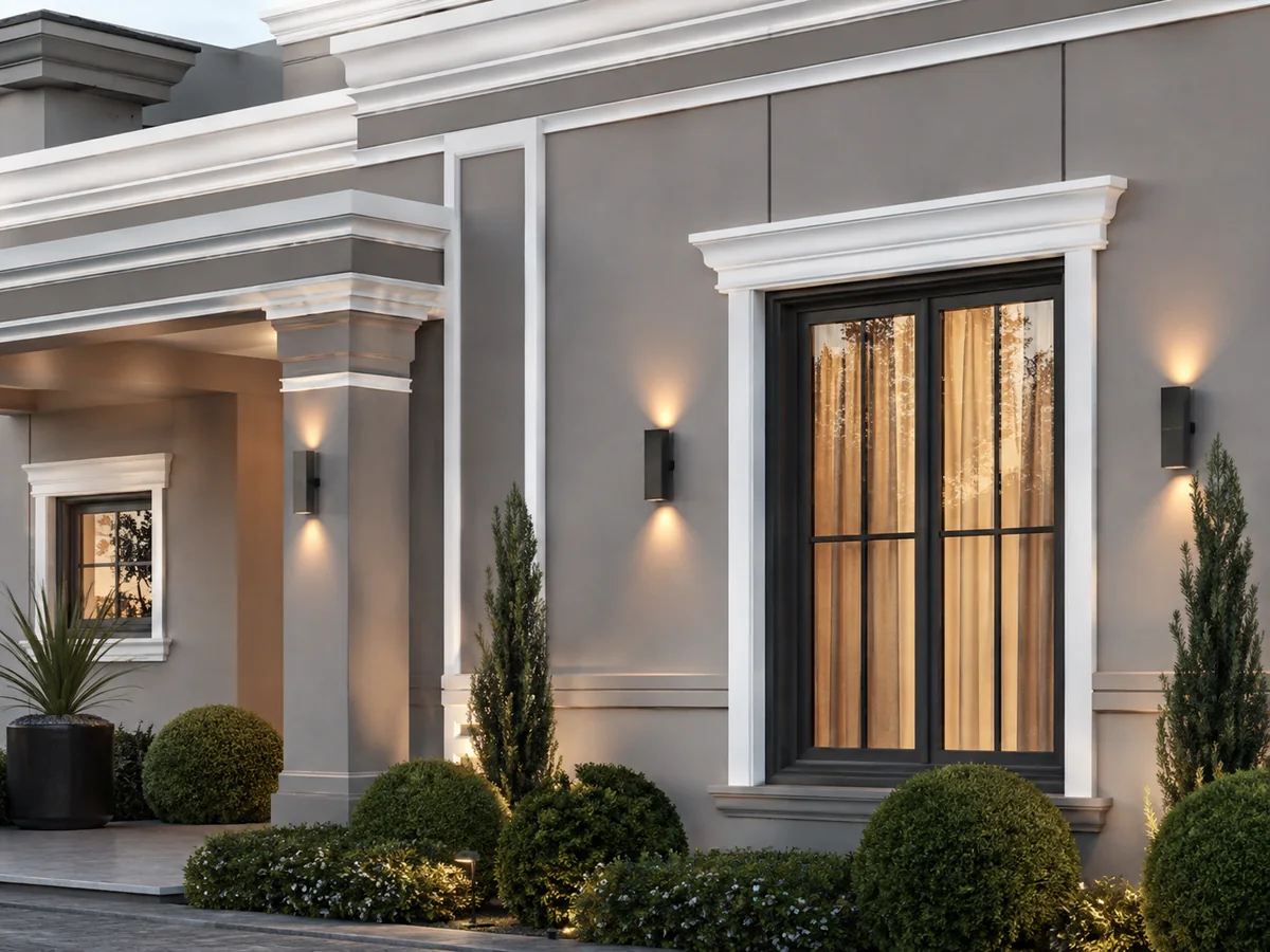 Fachada residencial com molduras e detalhes externos em EPS