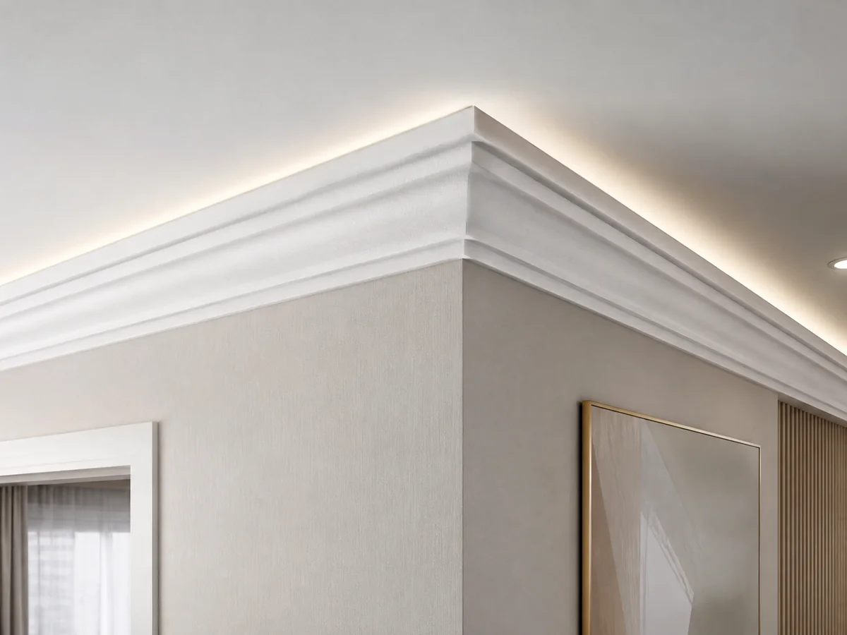 Teto com sanca de EPS e fita de LED acesa formando iluminação indireta