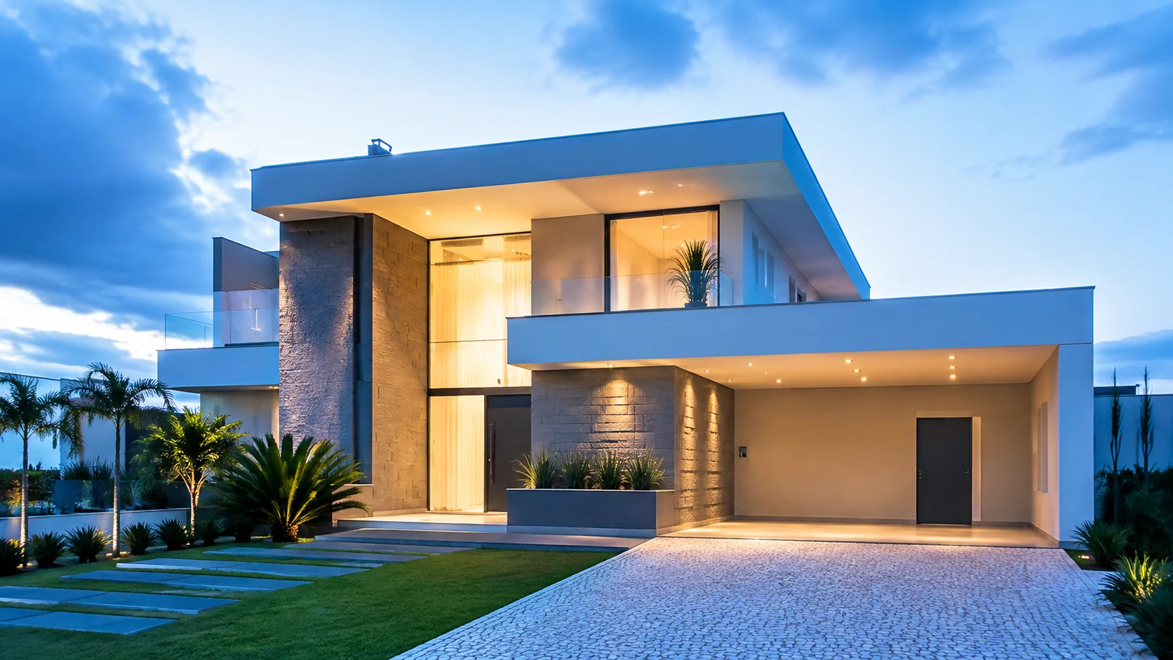 Casa moderna com fachada em concreto e detalhes arquitetônicos em EPS ao entardecer