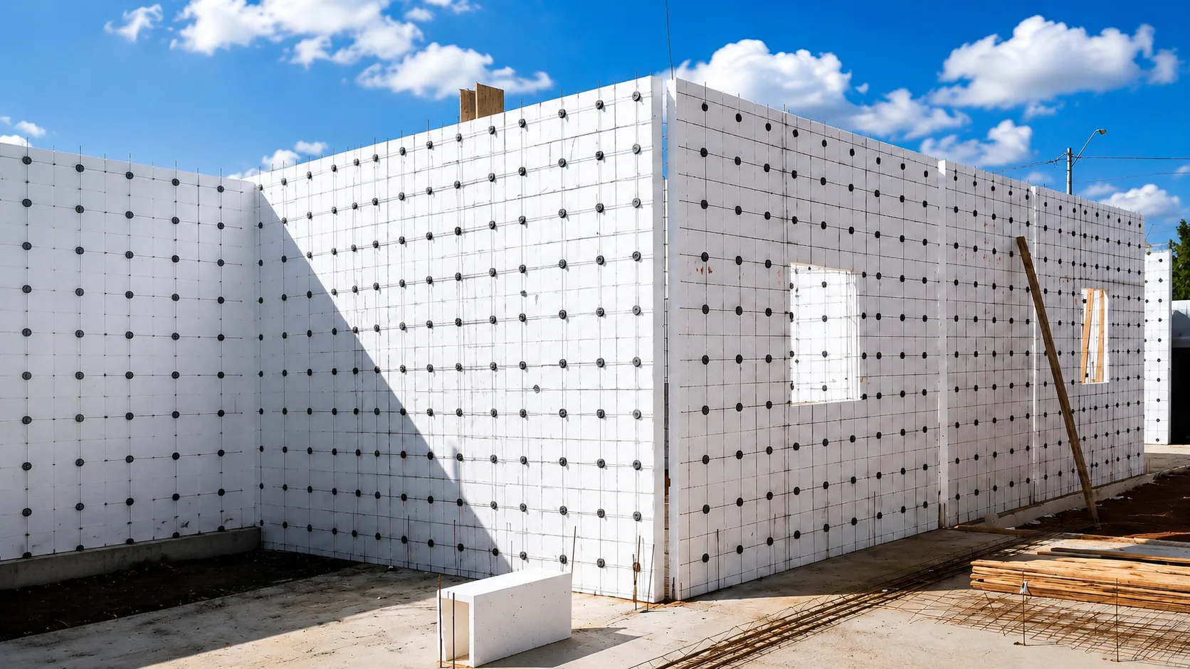 Paredes de painel monolítico de EPS erguidas em obra, prontas para o revestimento