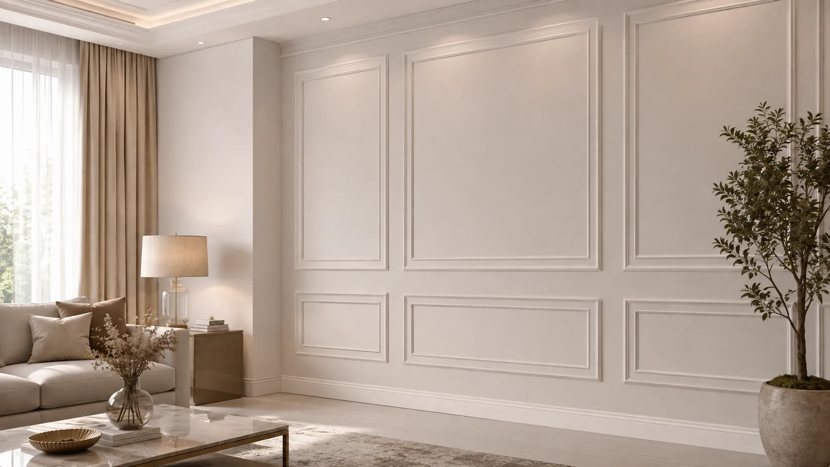 Parede branca com painéis de boiserie em EPS formando quadros decorativos