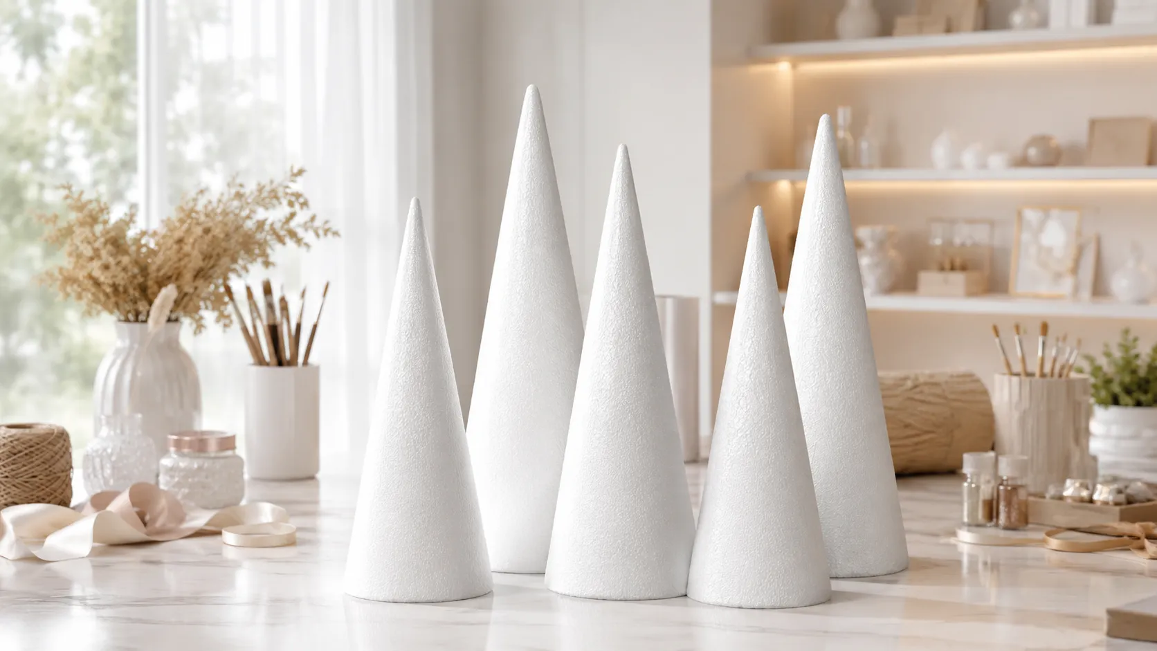 Cones de isopor maciço brancos em bancada de artesanato com tintas coloridas